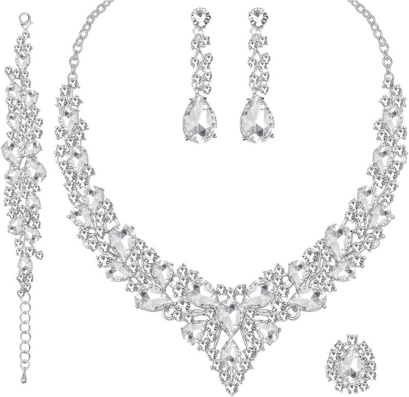 CSY 4 Pcs/Set Austrian Crystal Necklace Earrings Bracelet Ring Bridal Jewelry Sets for Brides Wedding Party Costume Accessories Gifts for Women - Image 1